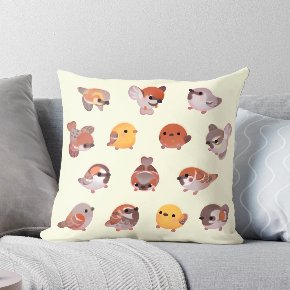 A fluffy, chubby sparrow perched on a pillow, showcasing its adorable features.
