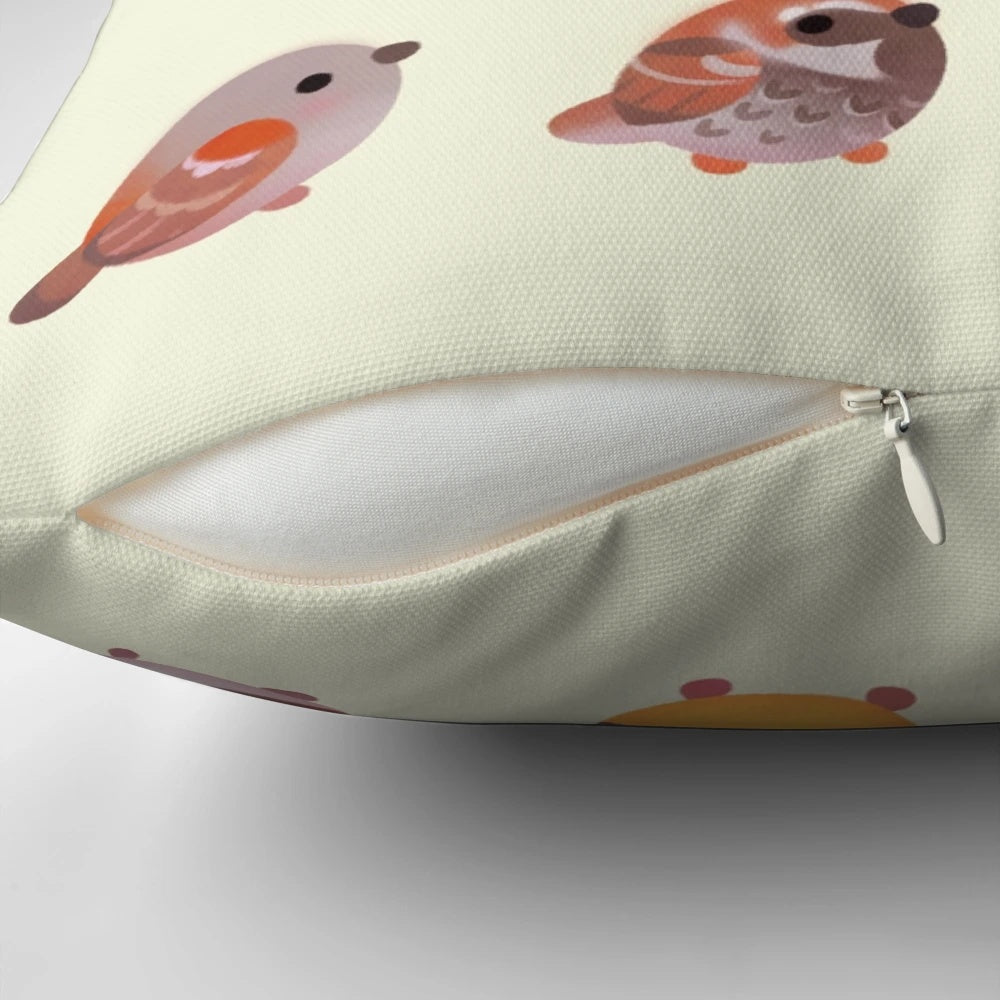 A fluffy, chubby sparrow perched on a pillow, showcasing its adorable features.