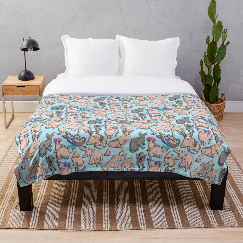 Sphynx cat pattern plush blanket with diamond design