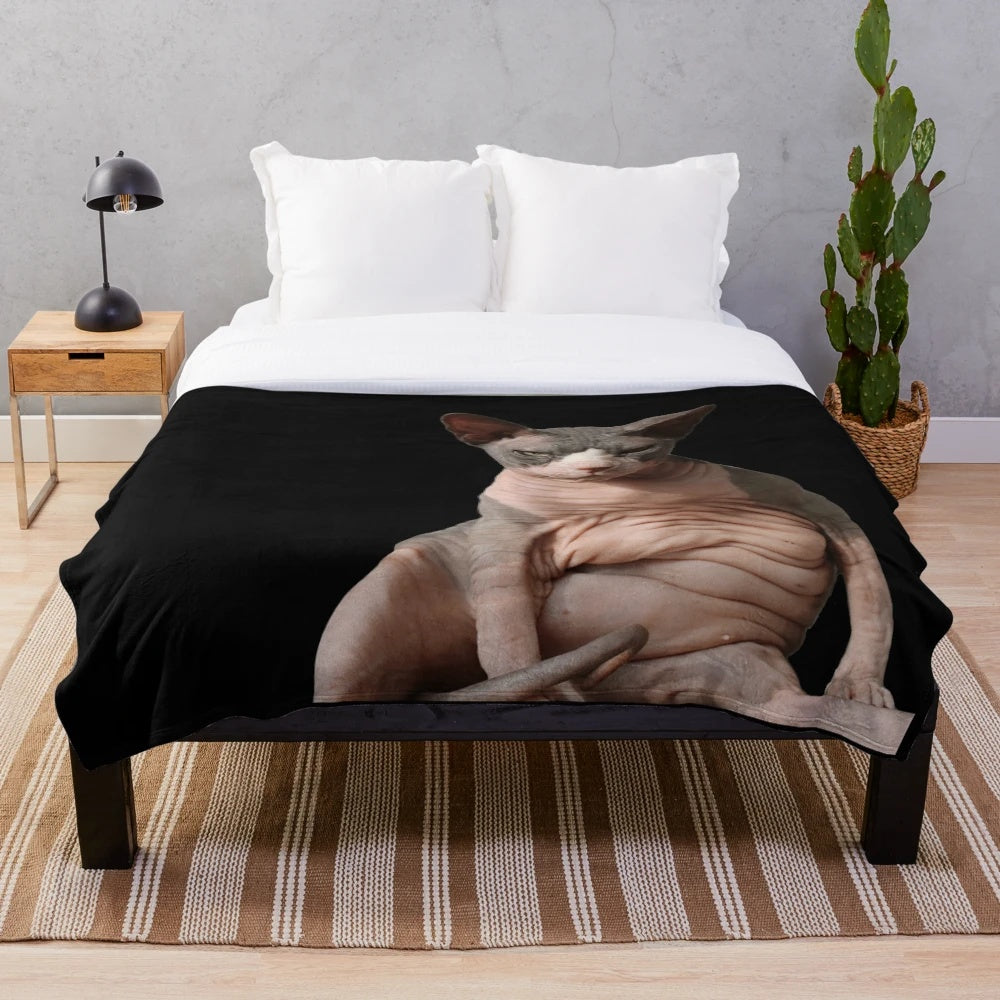 Soft and snuggly plush blanket featuring a sphynx cat design