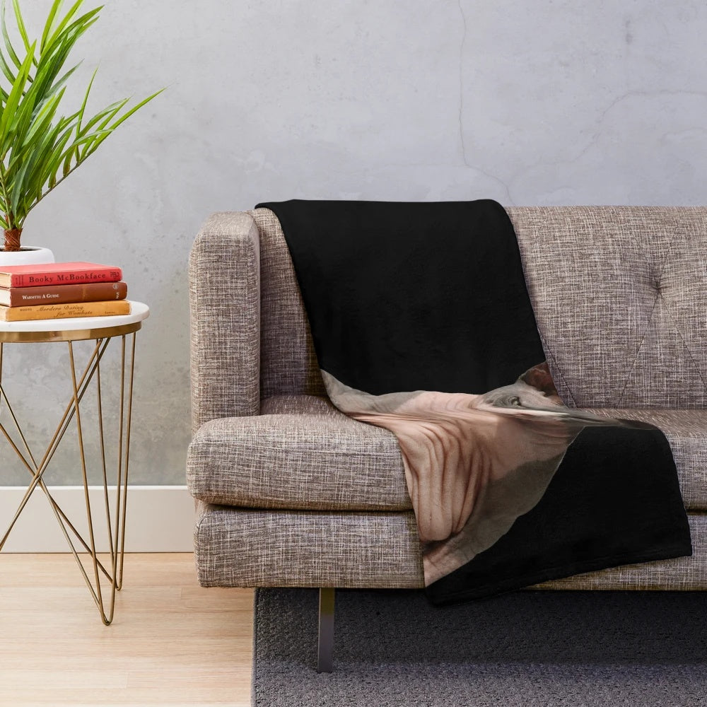 Soft and snuggly plush blanket featuring a sphynx cat design