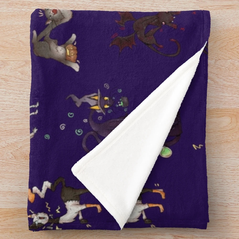 Spooky cat pattern plush blanket with skeleton, pumpkins, and bats
