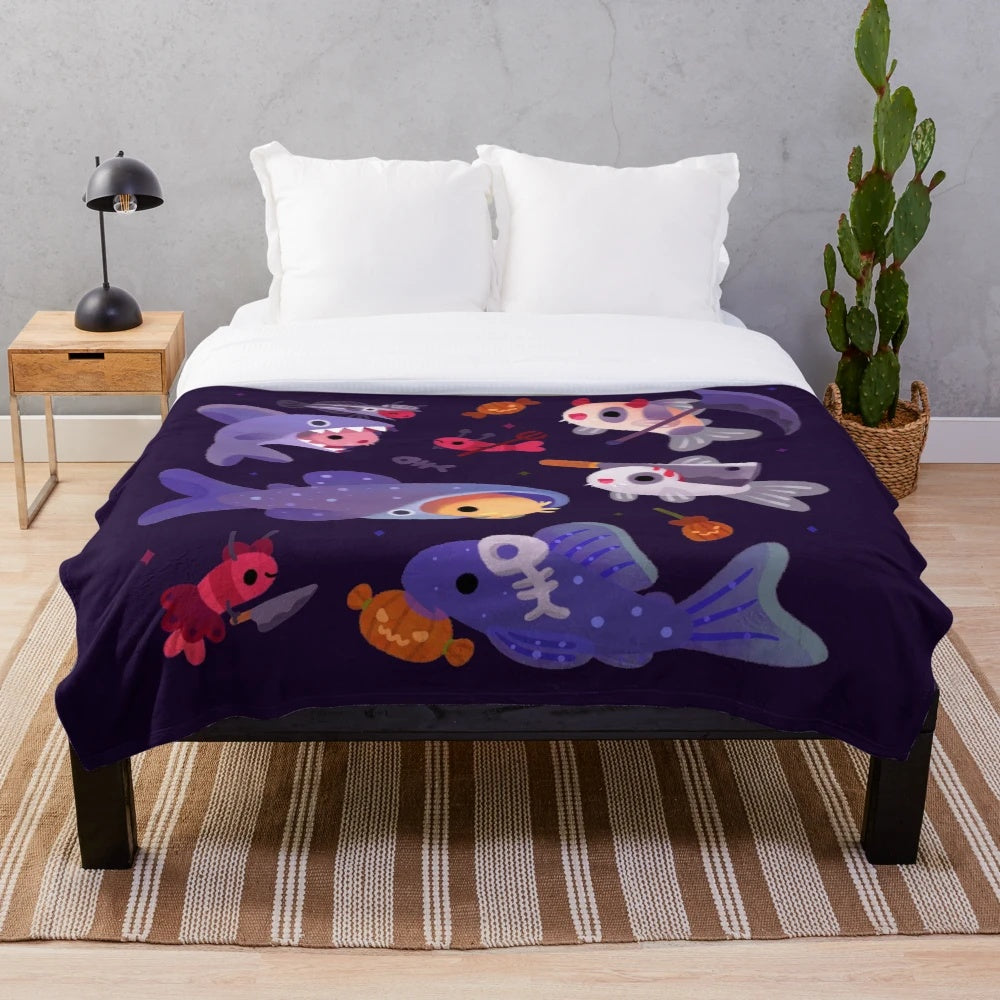 Spooky cats plush blanket with corydoras fish design