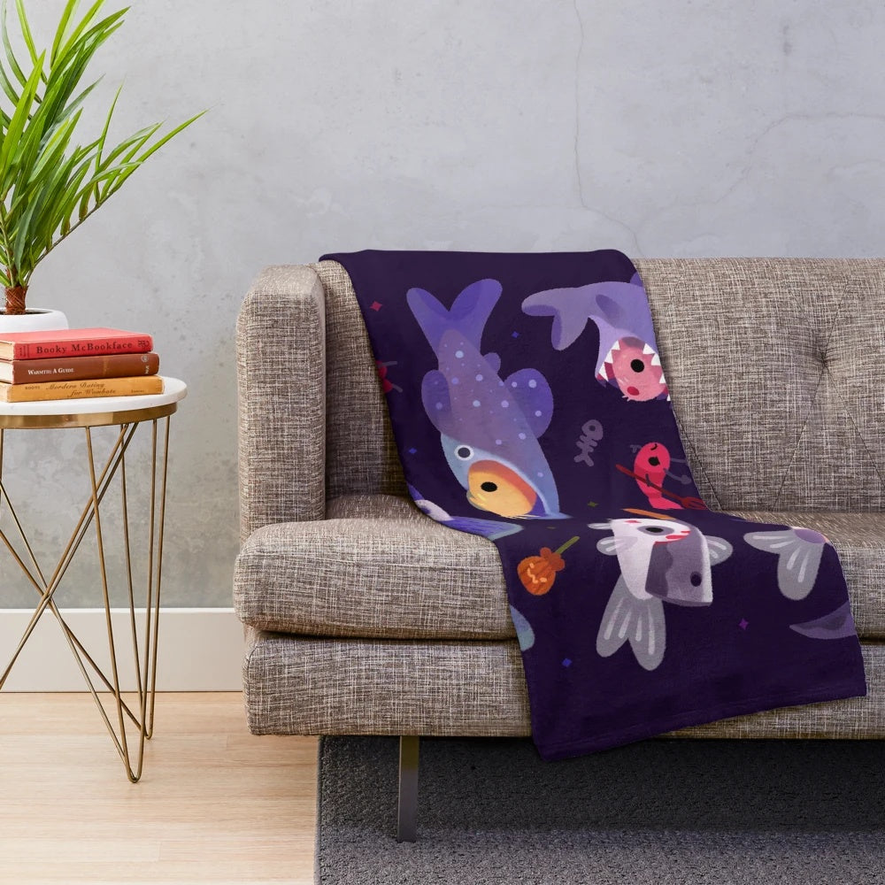Spooky cats plush blanket with corydoras fish design