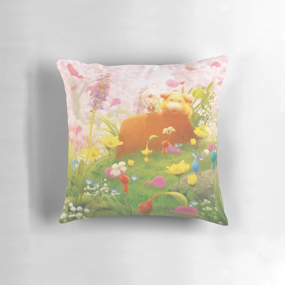 Vibrant and colorful spring-themed pillow featuring a nature-inspired landscape design