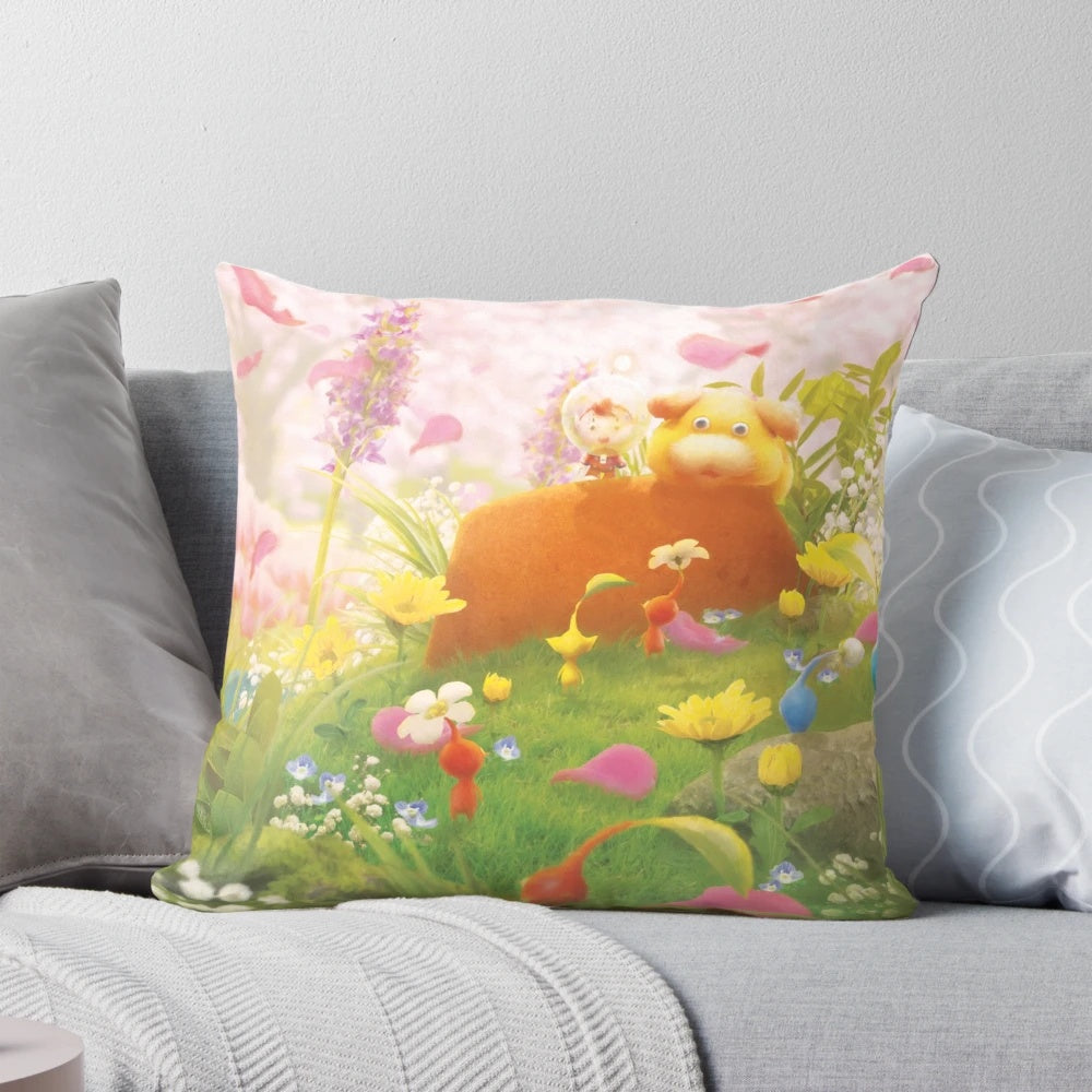 Vibrant and colorful spring-themed pillow featuring a nature-inspired landscape design