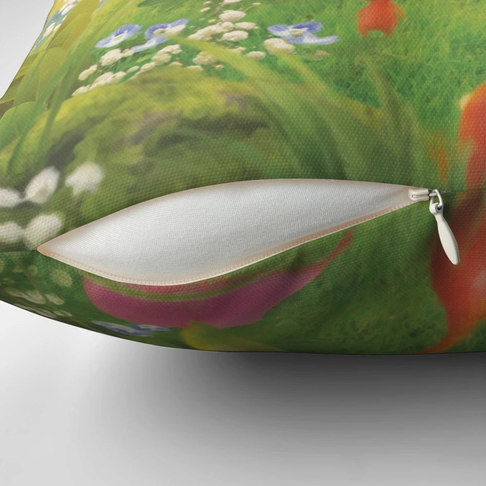 Vibrant and colorful spring-themed pillow featuring a nature-inspired landscape design