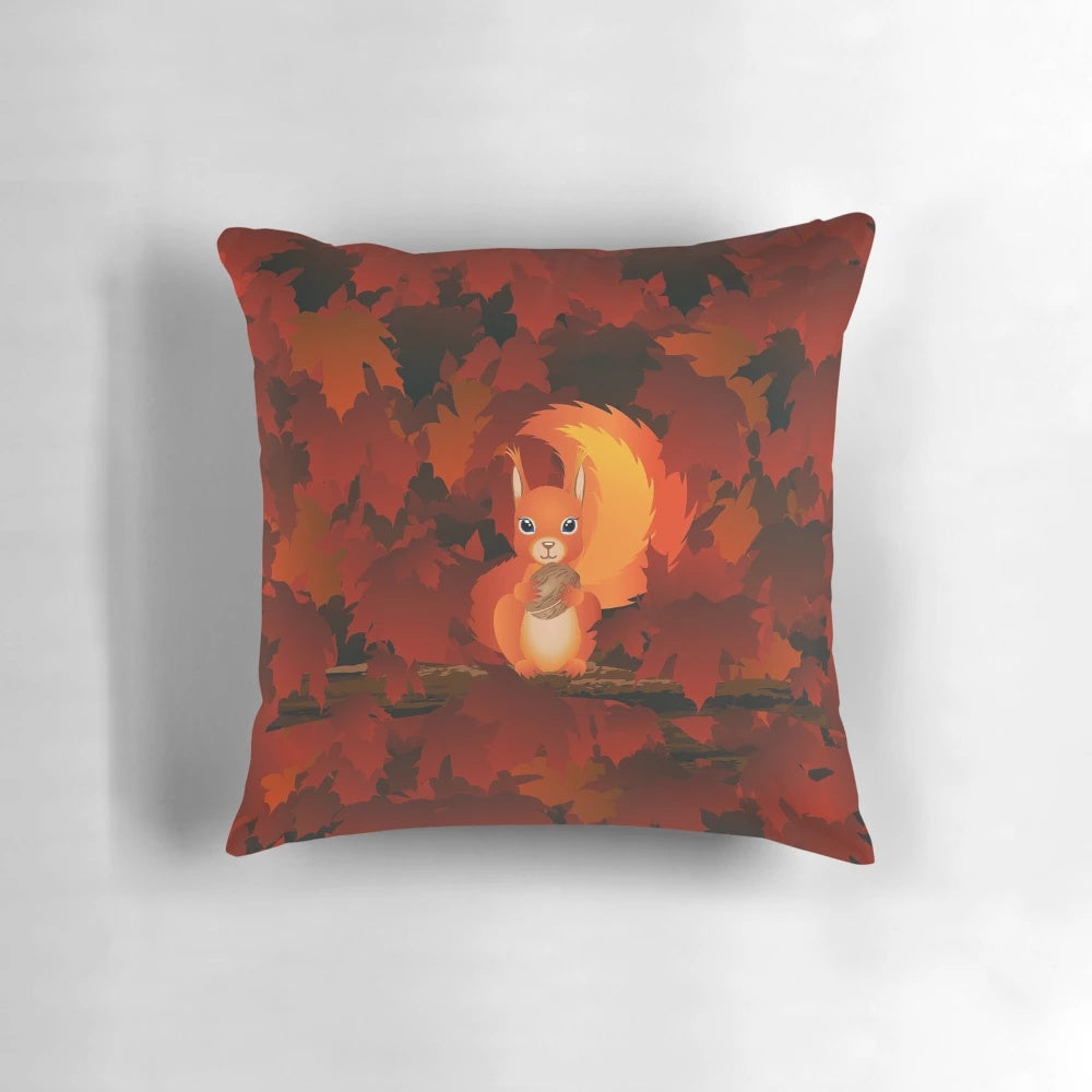 Soft, decorative squirrel pillow in an autumn-inspired landscape with leaves, trees, and nature elements