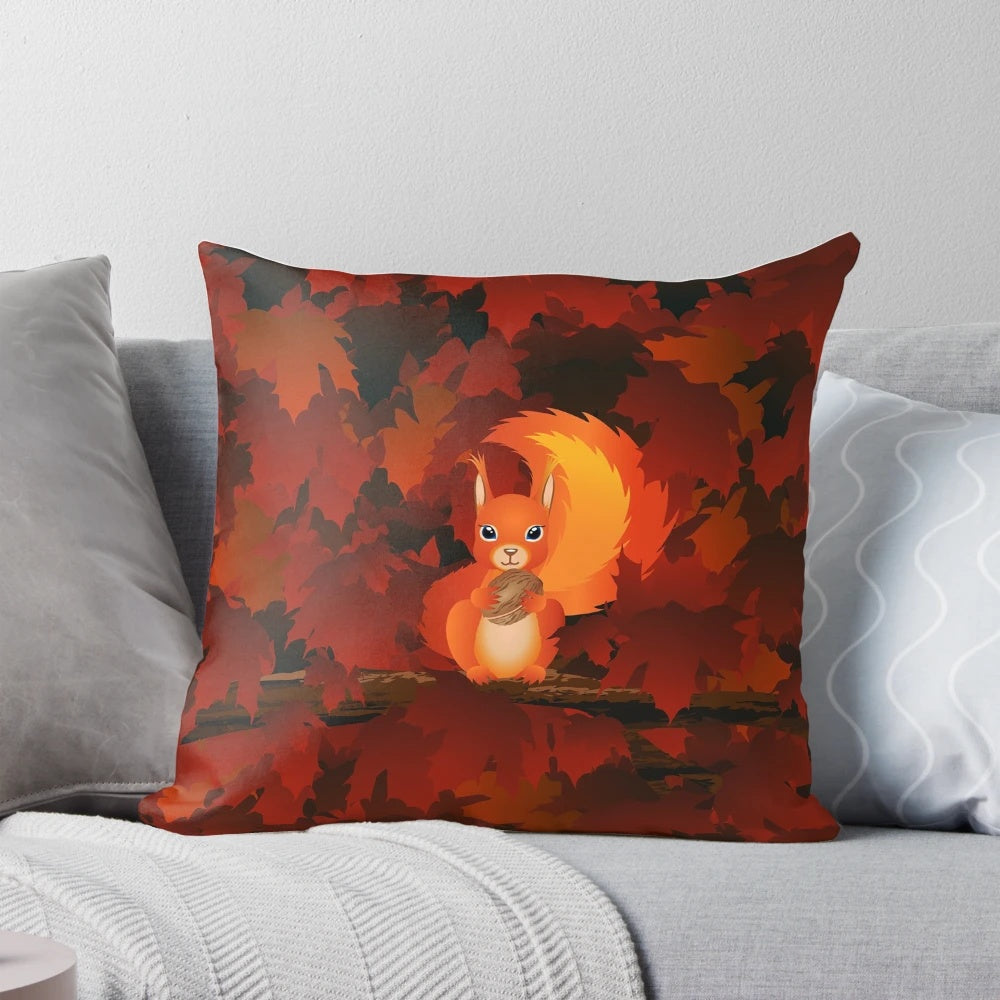 Soft, decorative squirrel pillow in an autumn-inspired landscape with leaves, trees, and nature elements