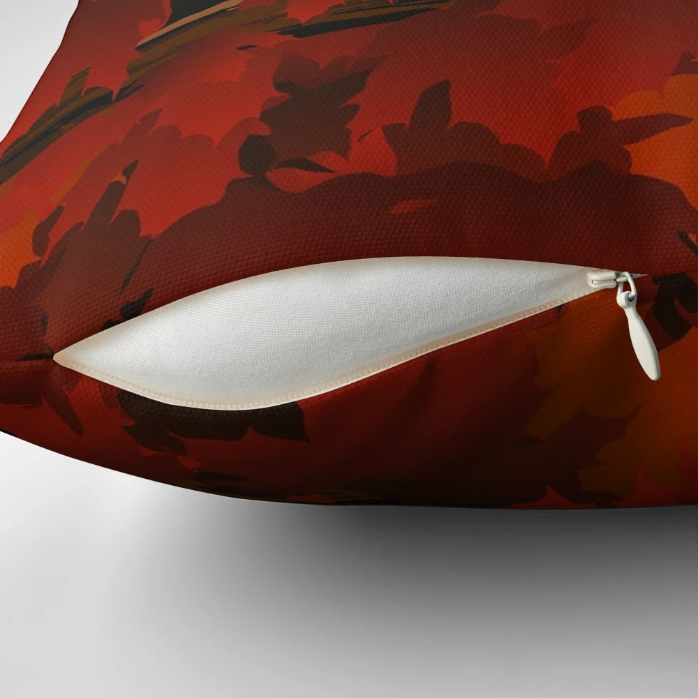 Soft, decorative squirrel pillow in an autumn-inspired landscape with leaves, trees, and nature elements