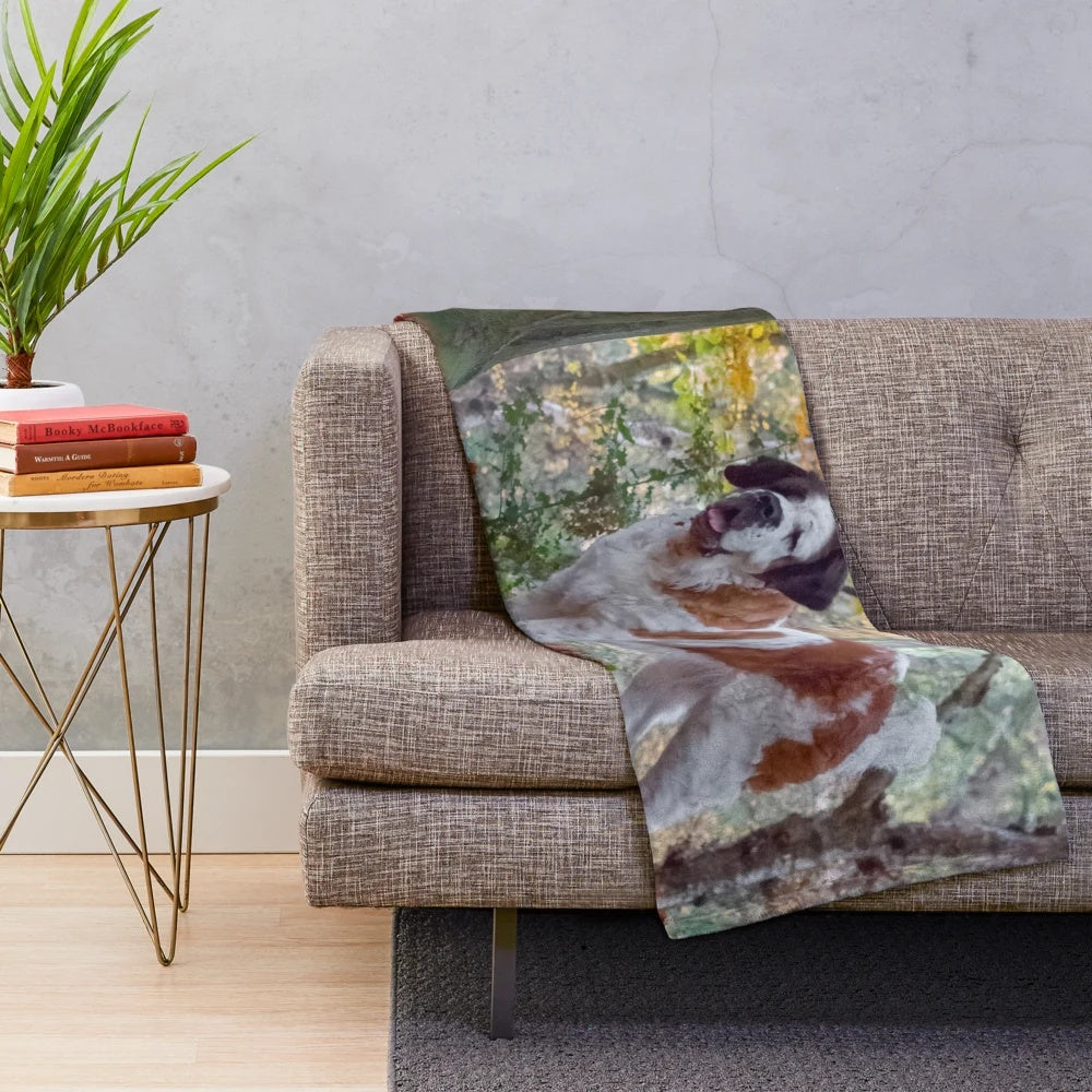 Soft and plush blanket featuring a St Bernard dog in an autumn woodland scene
