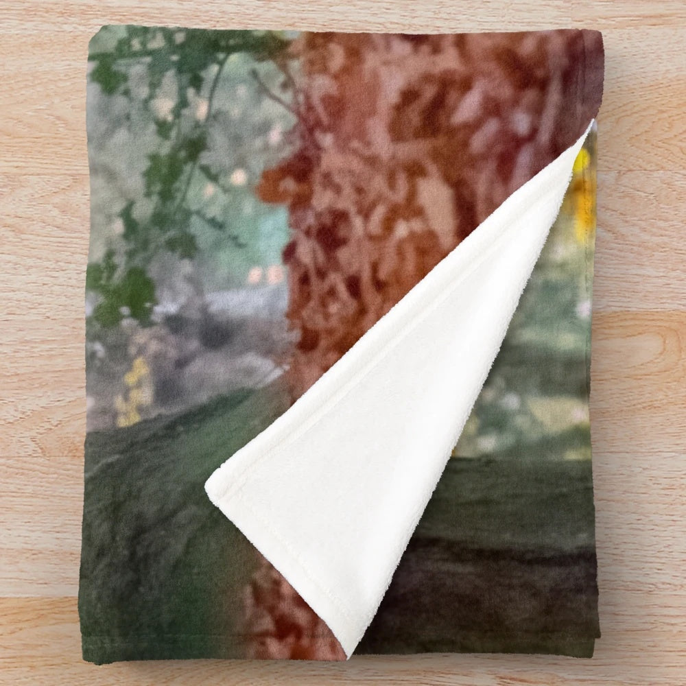 Soft and plush blanket featuring a St Bernard dog in an autumn woodland scene