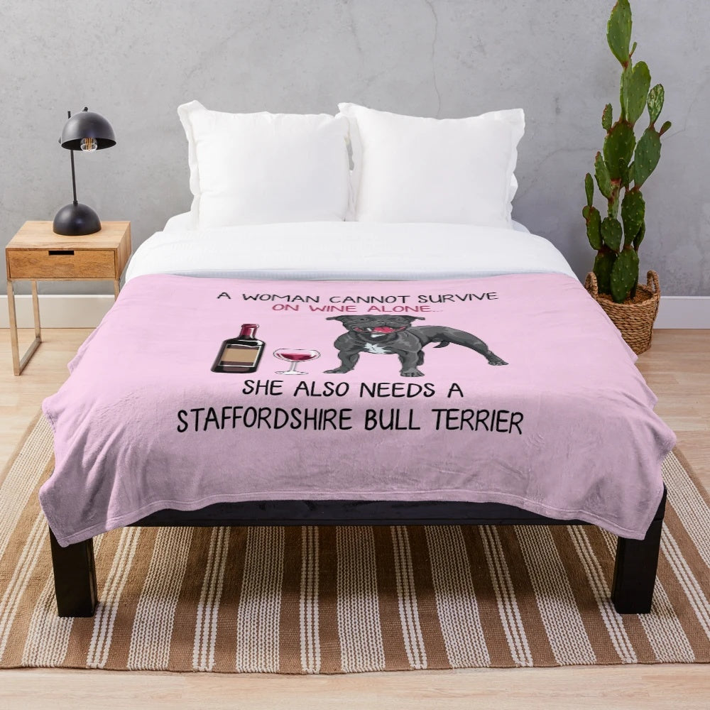 Staffordshire Bull Terrier Plush Blanket with Funny Dog and Wine Design