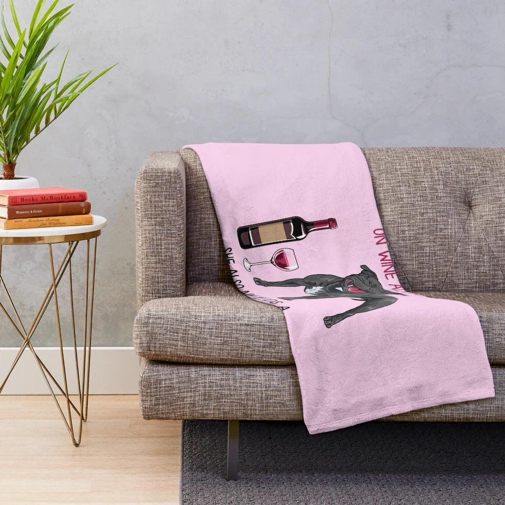 Staffordshire Bull Terrier Plush Blanket with Funny Dog and Wine Design