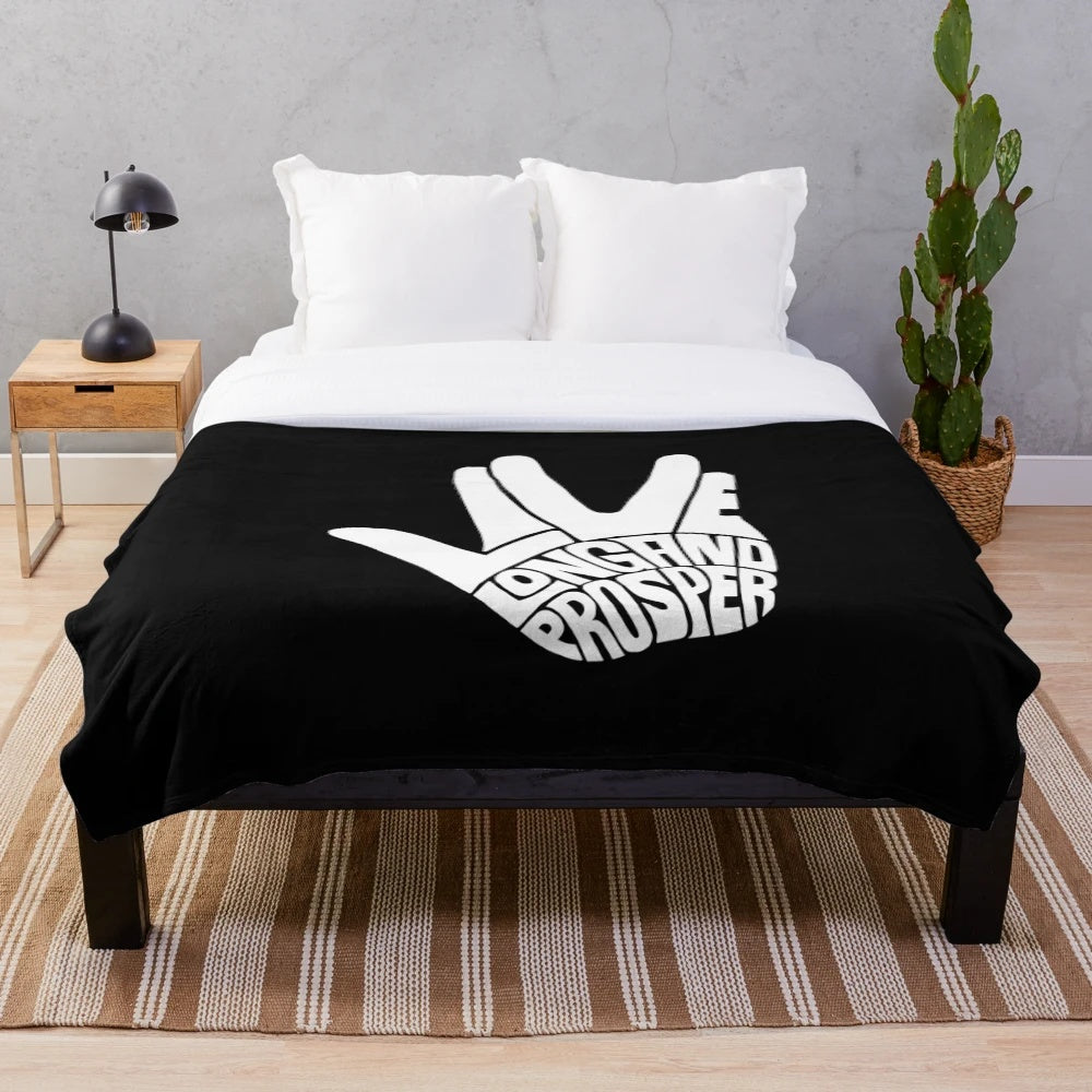 Star Trek-themed plush blanket with "Live Long and Prosper" design
