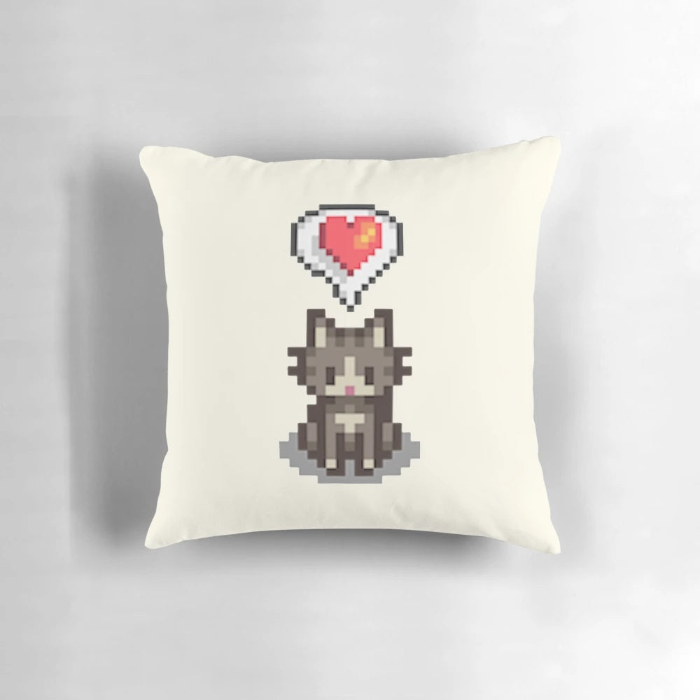 A soft, gray cat-themed pillow inspired by the video game Stardew Valley