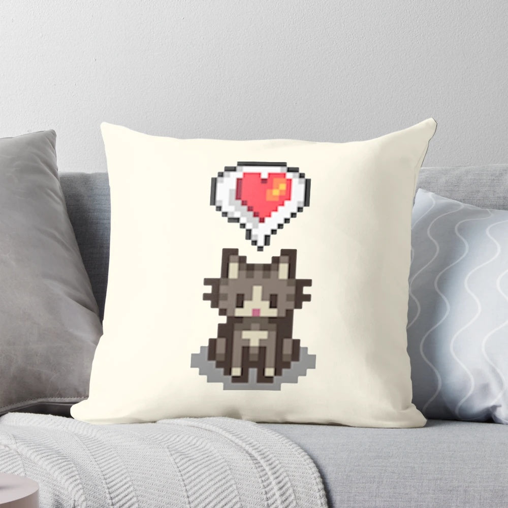 A soft, gray cat-themed pillow inspired by the video game Stardew Valley