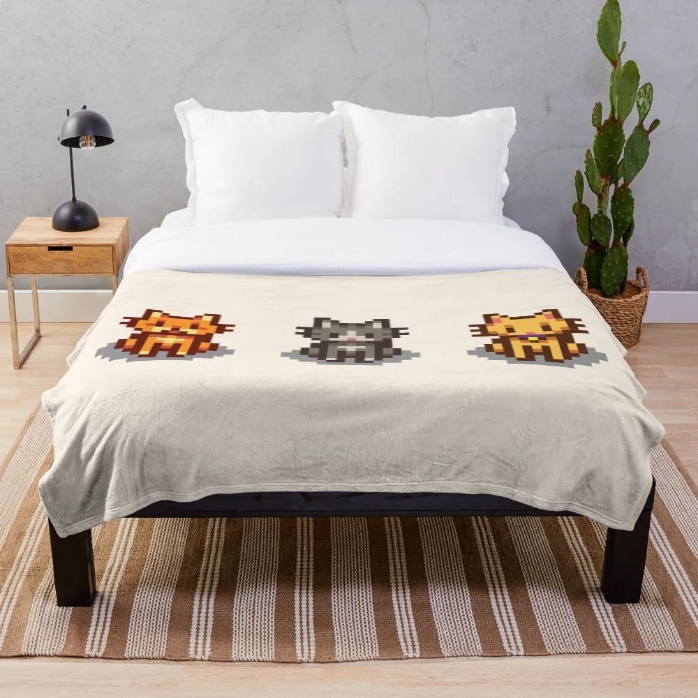 Stardew Valley inspired plush blanket featuring three cats