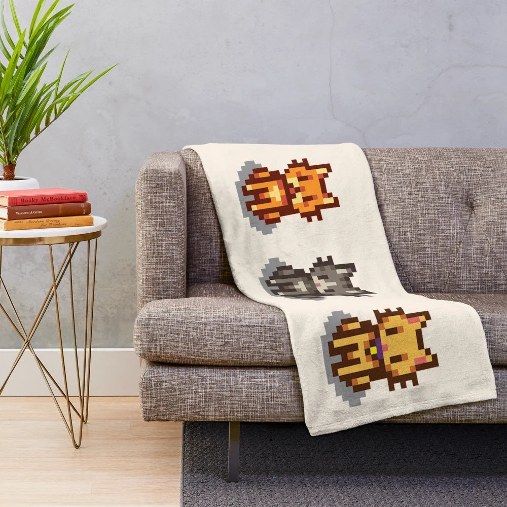 Stardew Valley inspired plush blanket featuring three cats