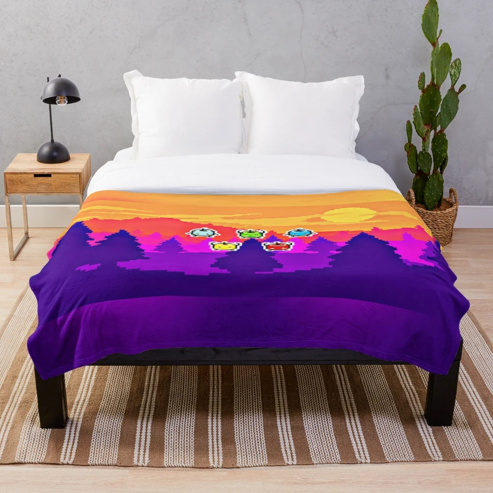 Stardew Valley inspired plush blanket featuring 8-bit style junimos