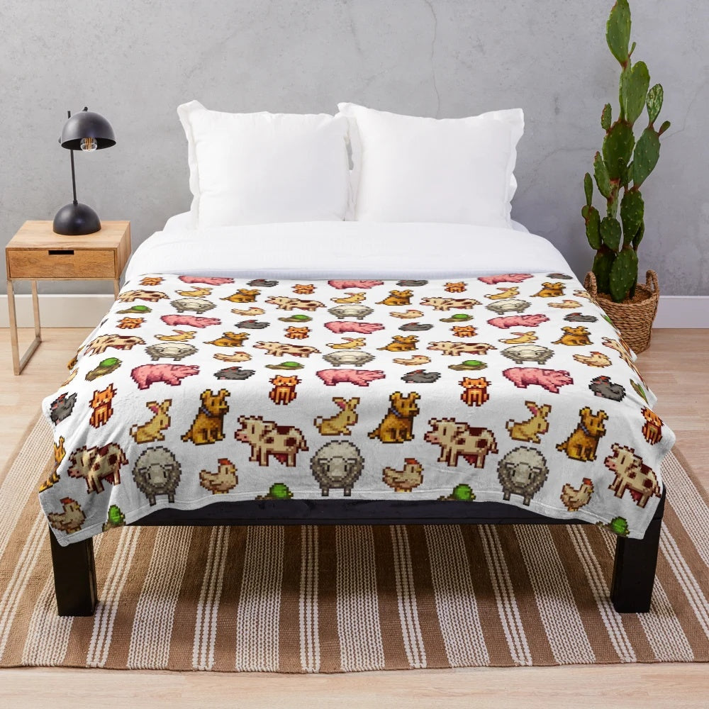 Stardew Valley inspired plush blanket featuring cute farm animals