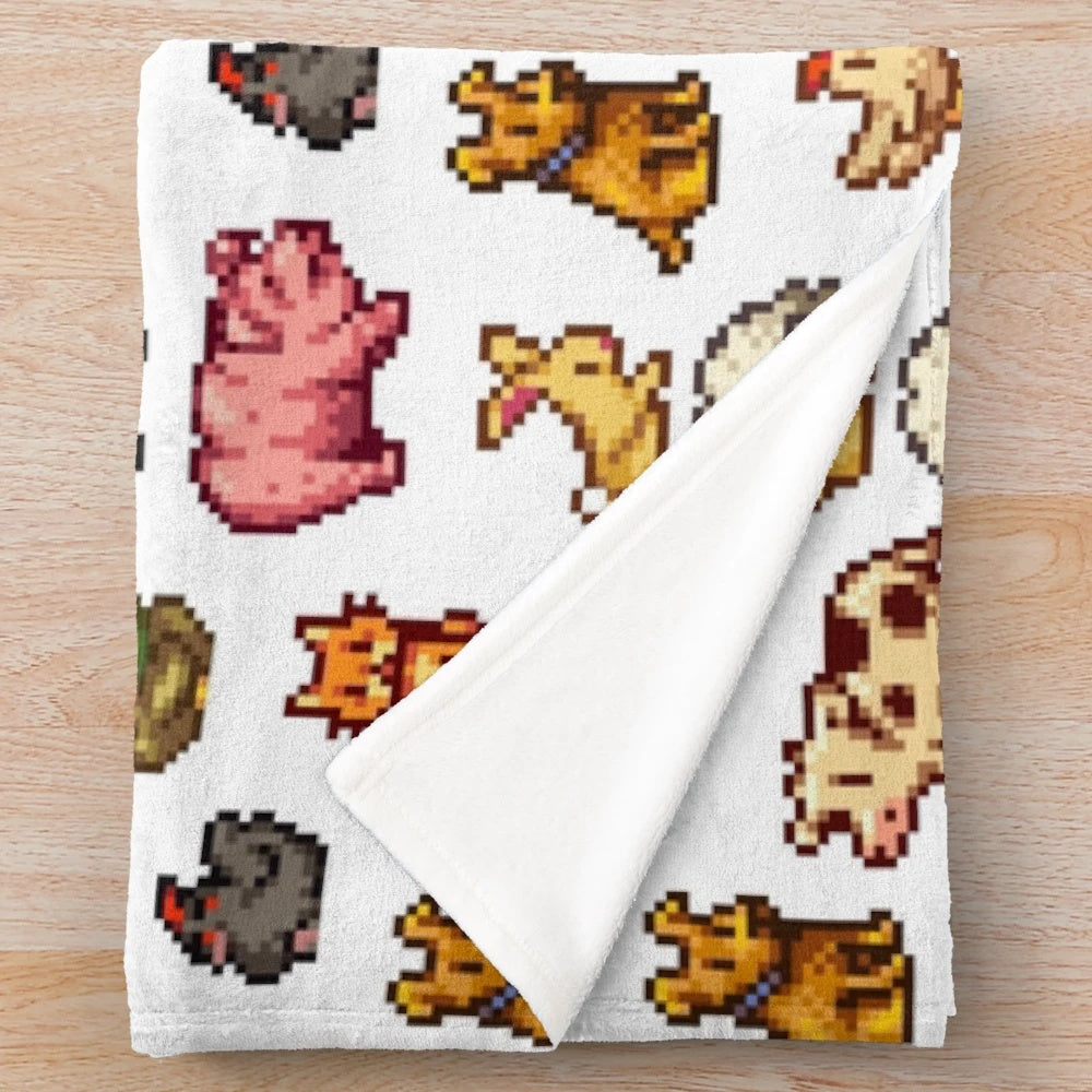 Stardew Valley inspired plush blanket featuring cute farm animals