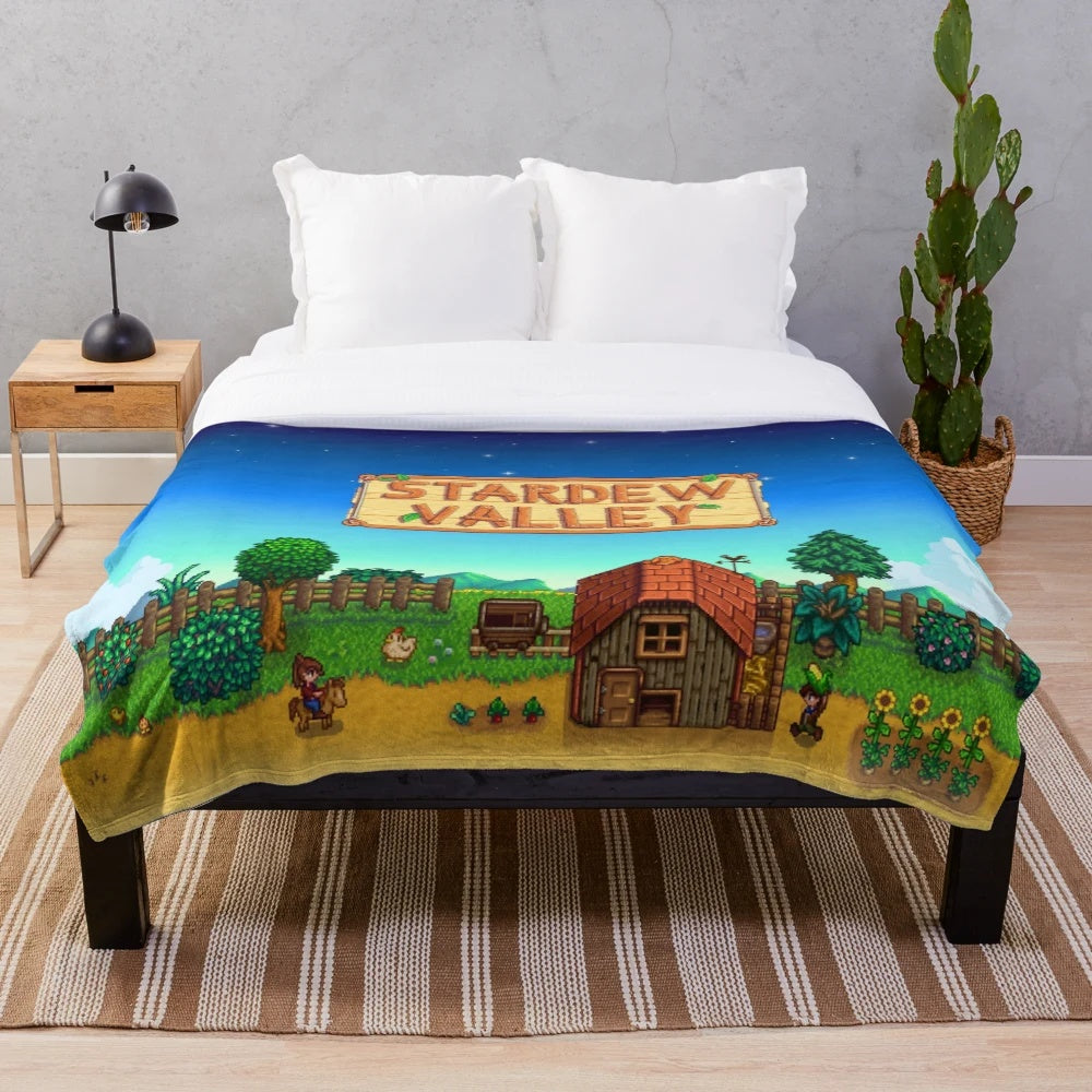 Stardew Valley inspired plush blanket with stars and farm motifs