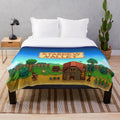 Stardew Valley inspired plush blanket with stars and farm motifs