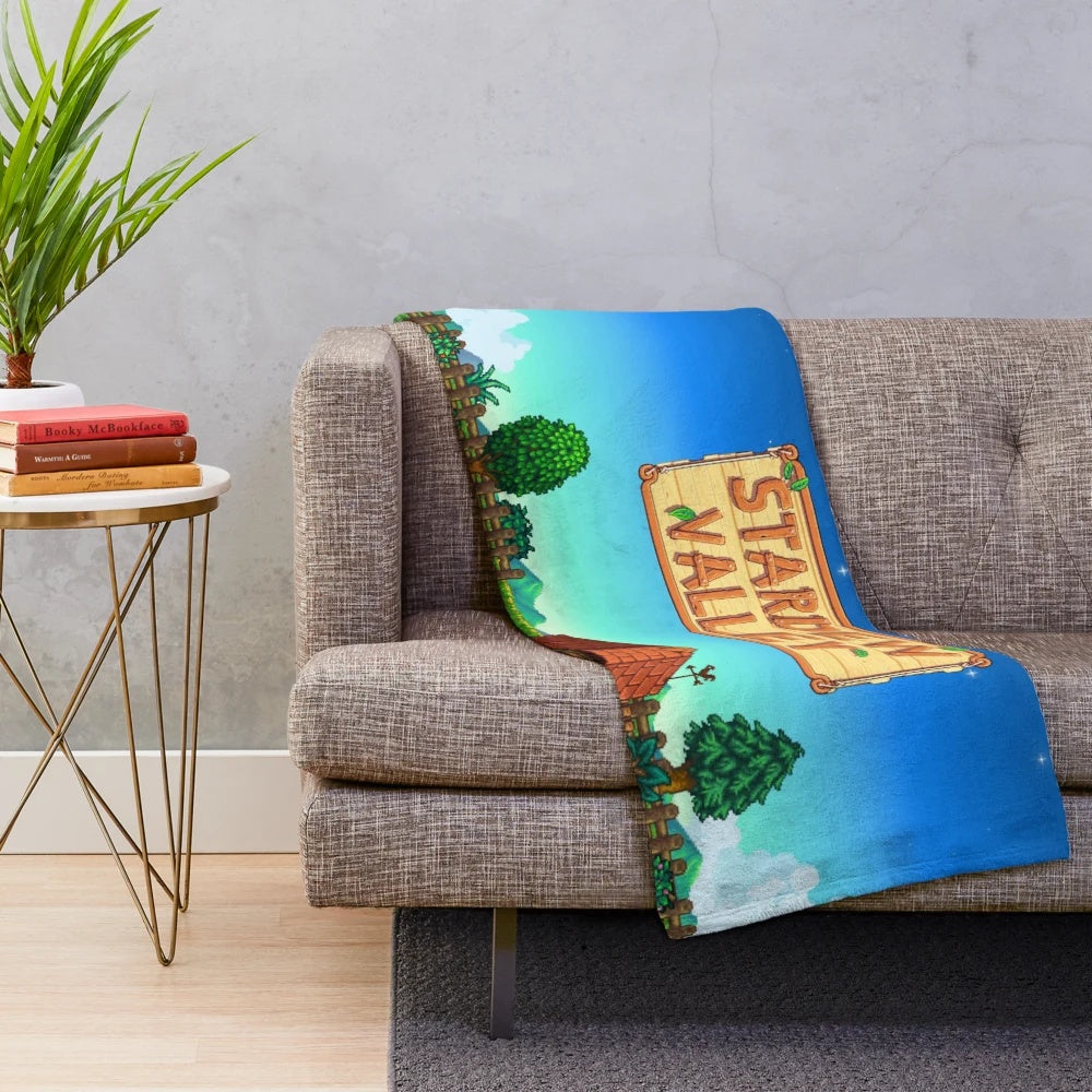 Stardew Valley inspired plush blanket with stars and farm motifs