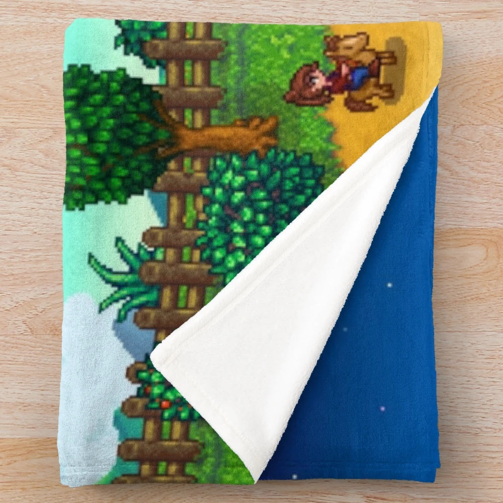Stardew Valley inspired plush blanket with stars and farm motifs