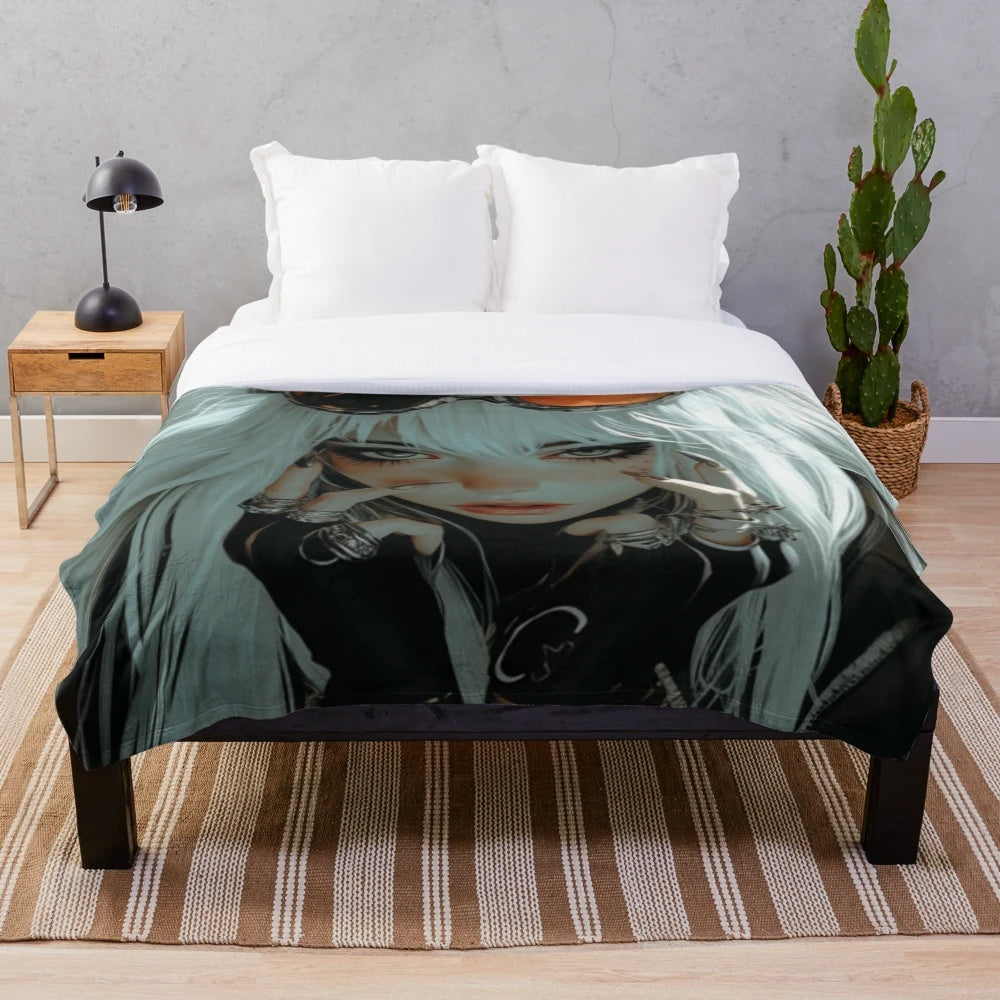 Steampunk girl plush blanket featuring a white-haired anime-inspired character