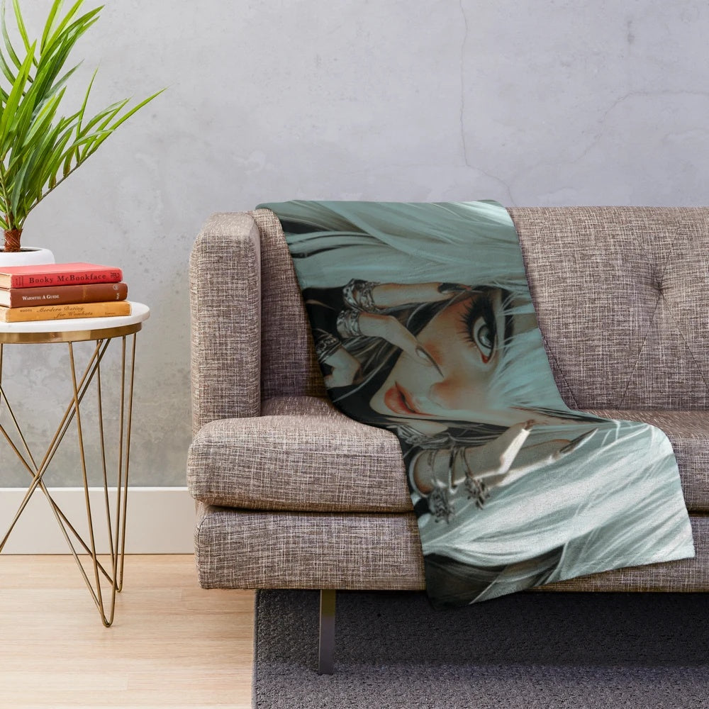Steampunk girl plush blanket featuring a white-haired anime-inspired character