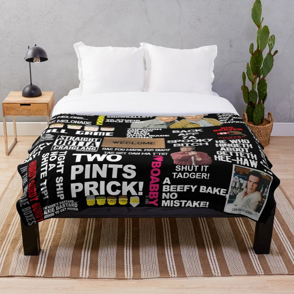 Still Game inspired plush blanket with Scottish comedy design
