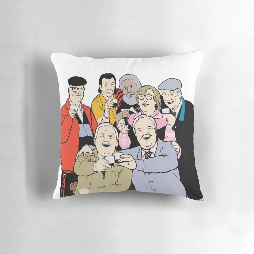 A colorful 'Still Game' themed pillow featuring characters from the popular Scottish comedy series.