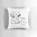 A black and white plush pillow featuring the iconic character Stitch from the Disney animation Lilo and Stitch.