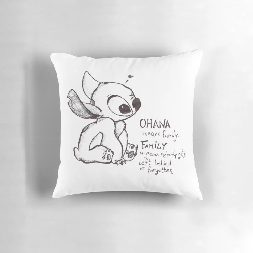 A black and white plush pillow featuring the iconic character Stitch from the Disney animation Lilo and Stitch.