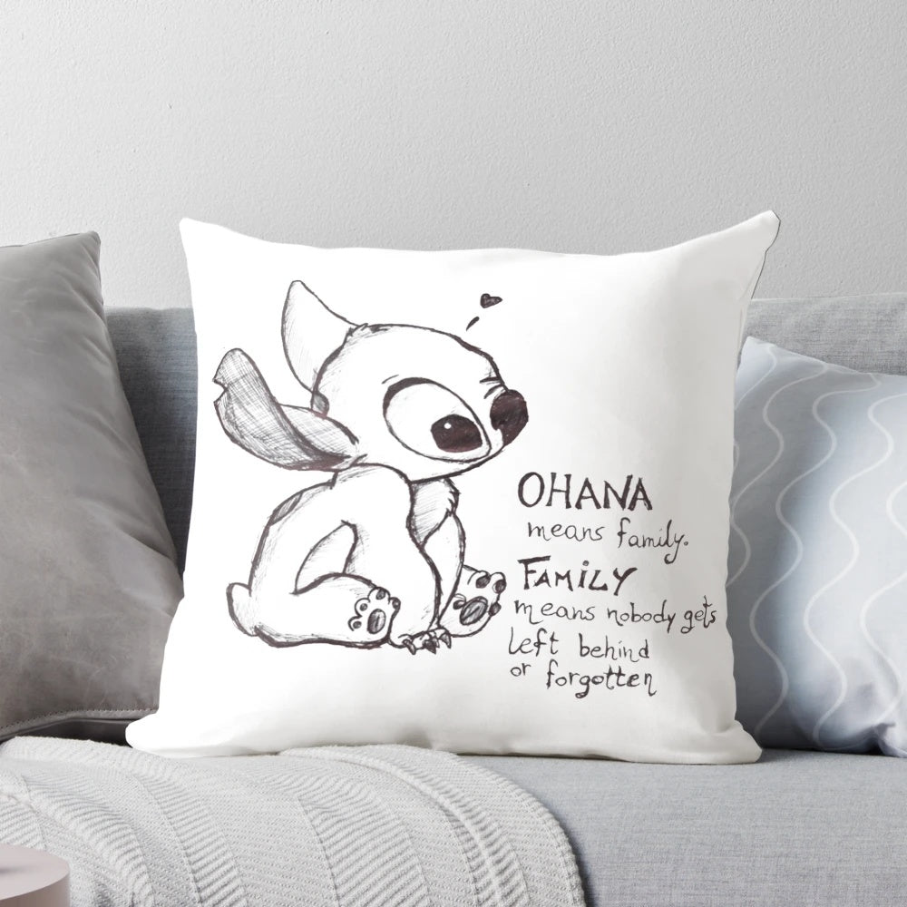 A black and white plush pillow featuring the iconic character Stitch from the Disney animation Lilo and Stitch.
