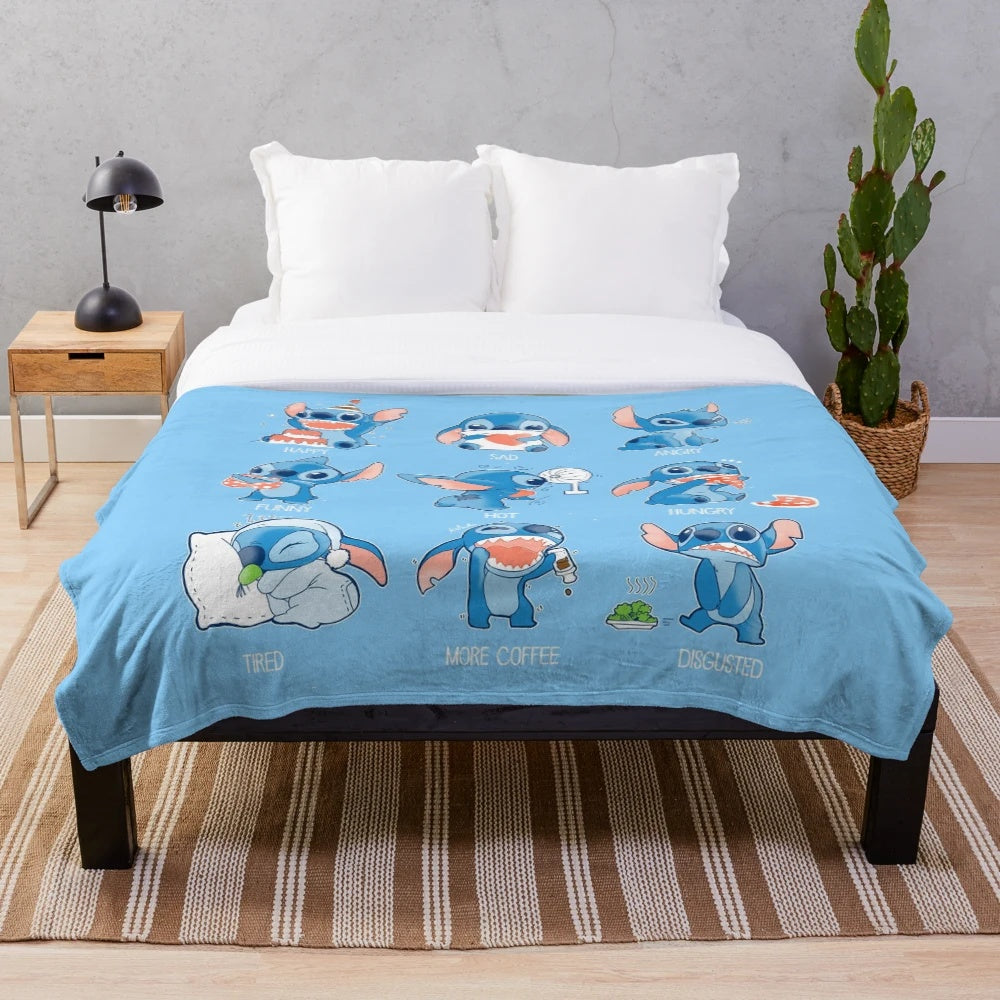 Stitch-inspired chibi emoticon plush blanket
