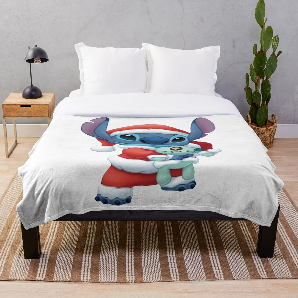 Stitch-themed Christmas plush blanket with cross-stitch design