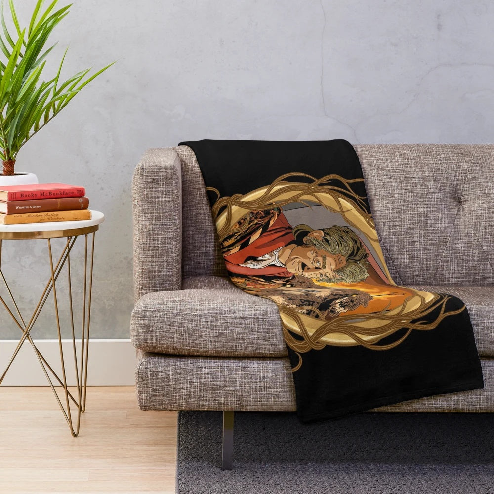 Cozy storyteller plush blanket with retro 80s fantasy inspired design