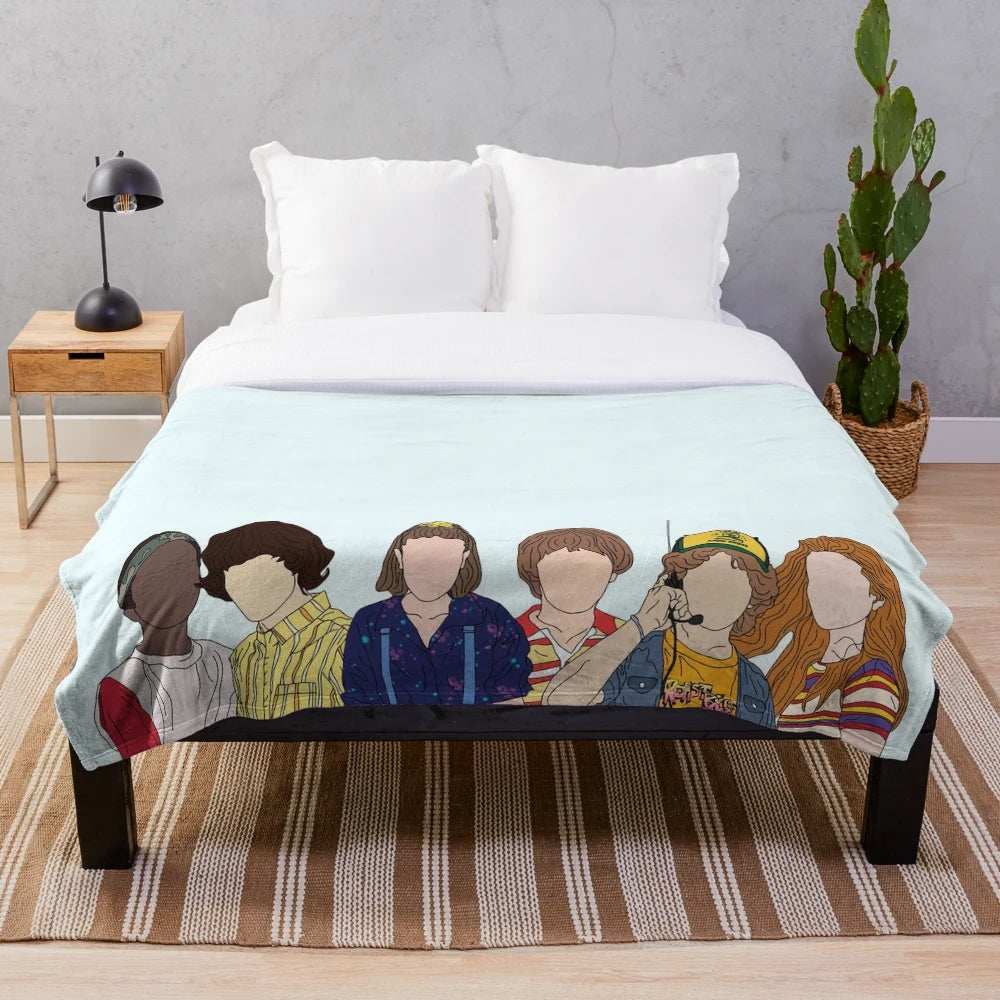 Stranger Things 3 inspired plush blanket featuring the show's characters