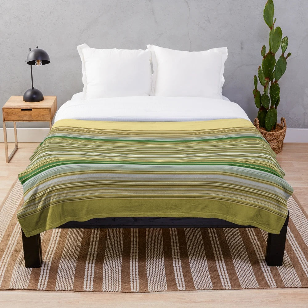 Gold mustard and green striped plush blanket for modern home decor