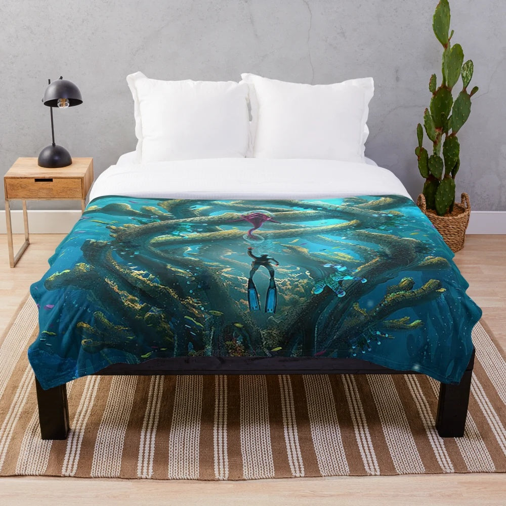 Subnautica inspired plush blanket with underwater and marine life design