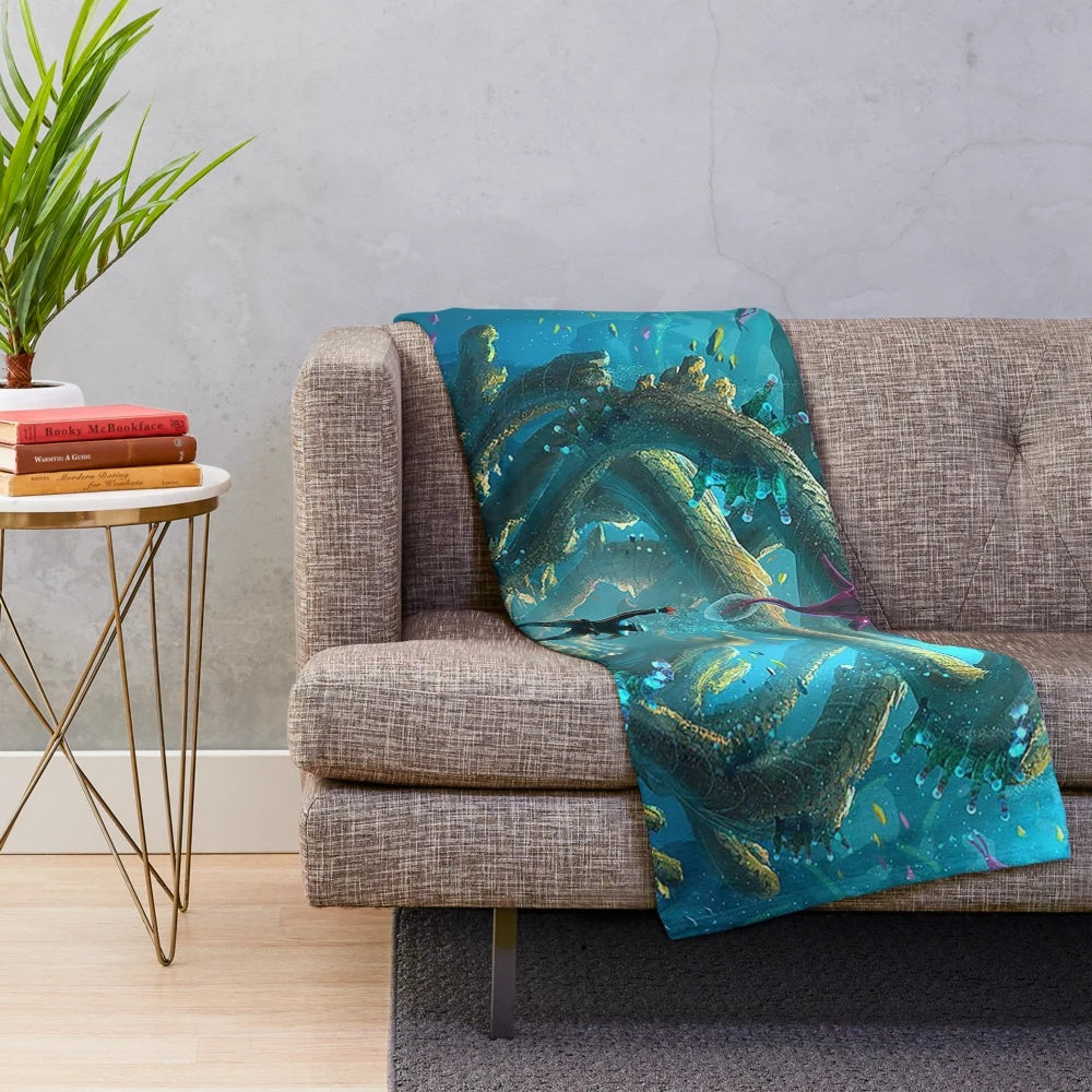 Subnautica inspired plush blanket with underwater and marine life design