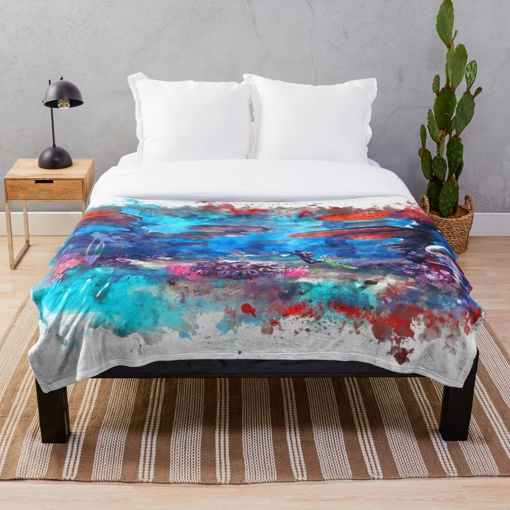 Subnautica-inspired plush blanket featuring ocean elements and characters