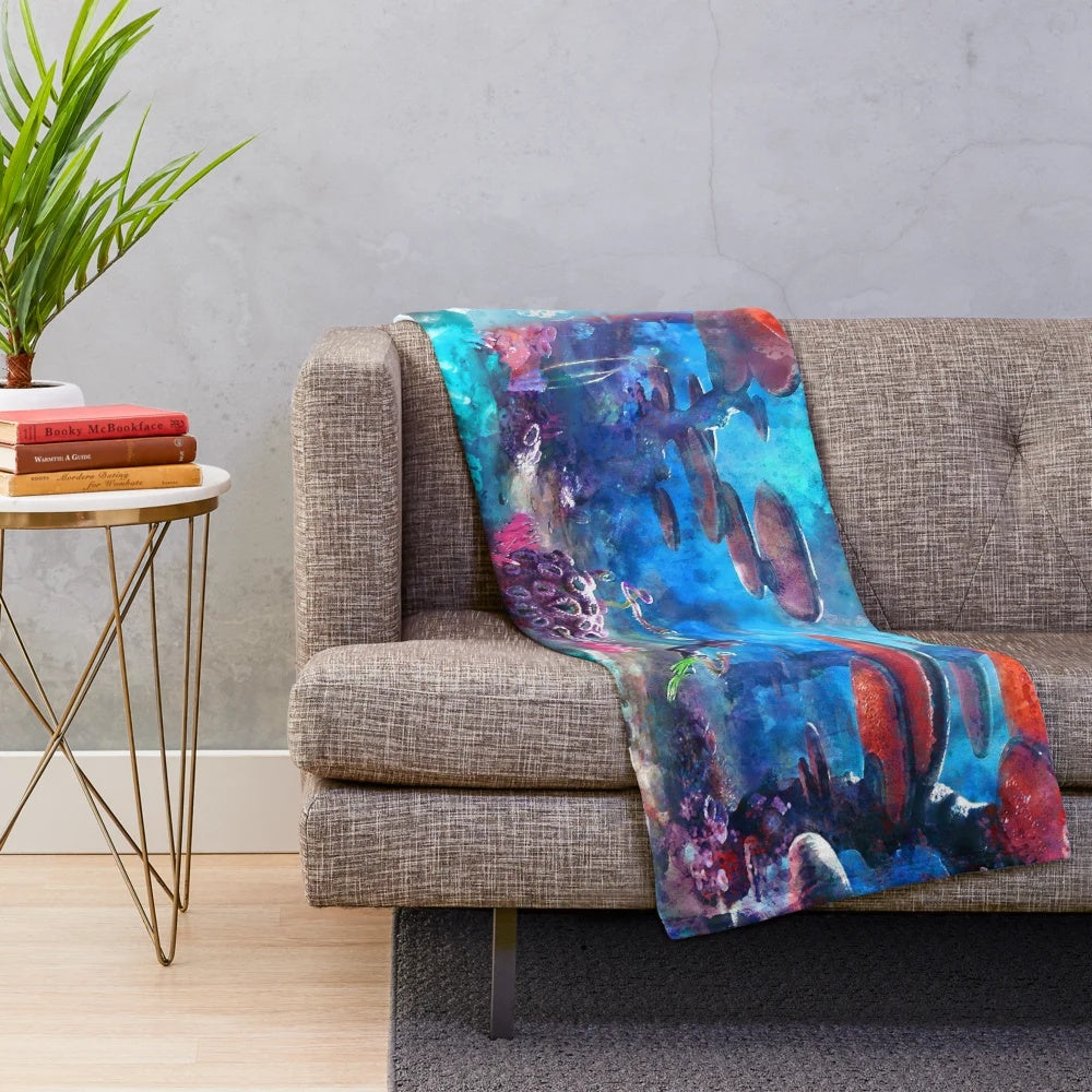 Subnautica-inspired plush blanket featuring ocean elements and characters
