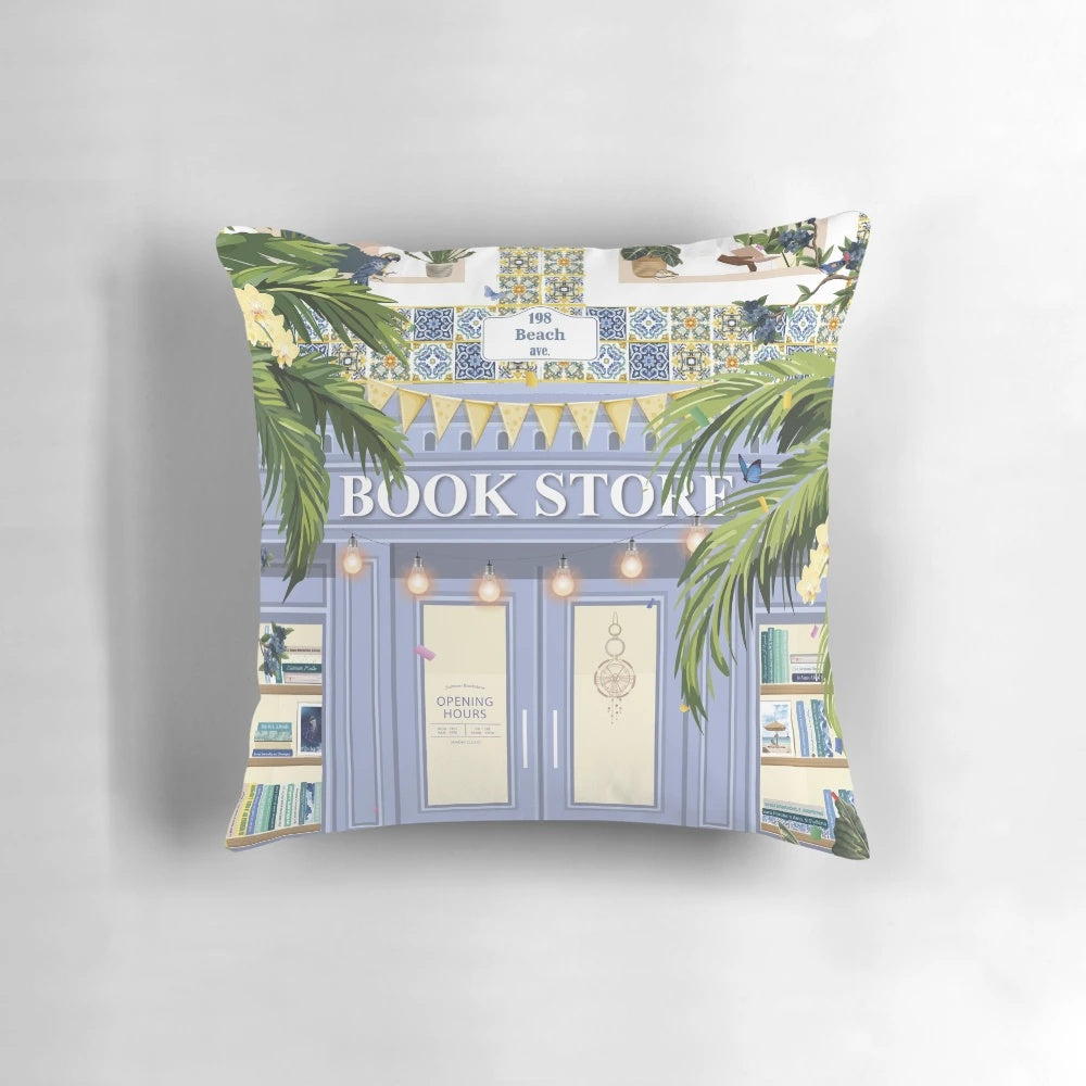 Soft, plush pillow featuring a bookstore design, perfect for reading and relaxing.