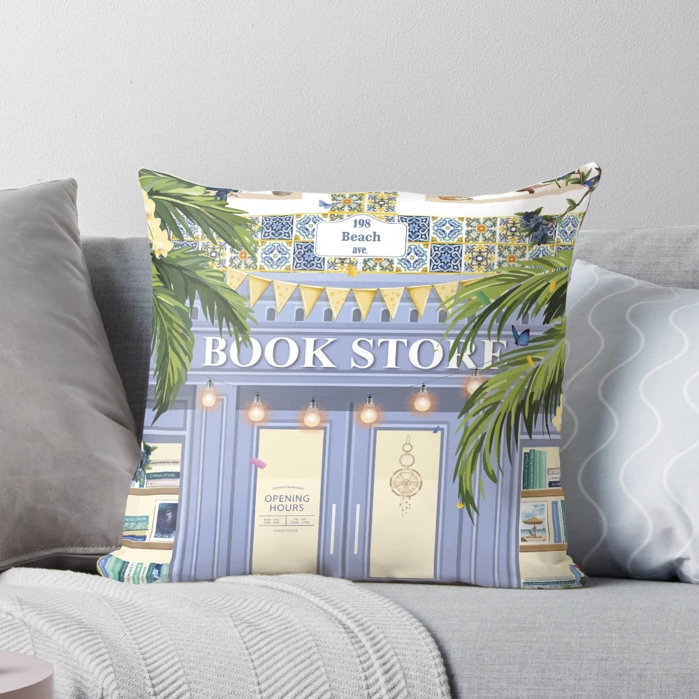 Soft, plush pillow featuring a bookstore design, perfect for reading and relaxing.