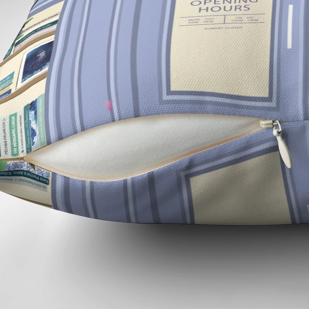 Soft, plush pillow featuring a bookstore design, perfect for reading and relaxing.
