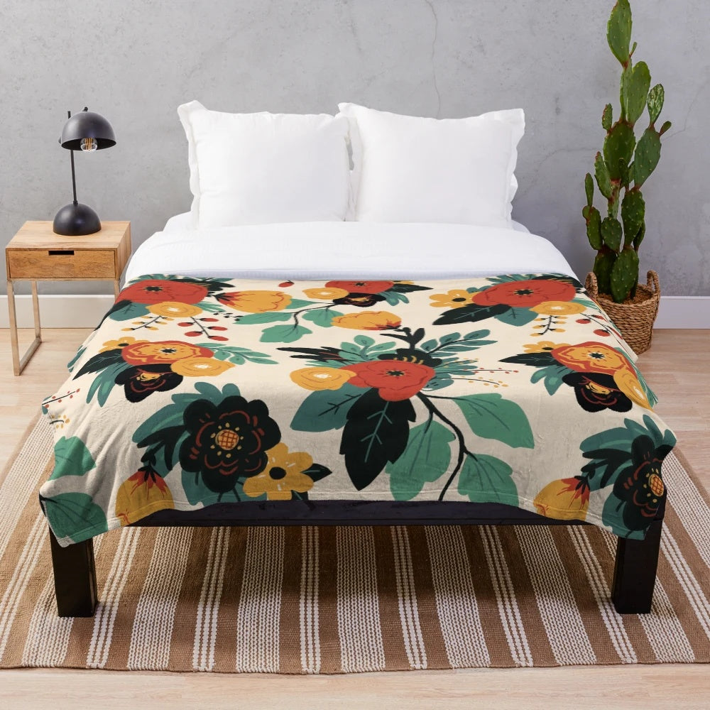 Summer meadow inspired plush blanket with floral, botanical, and nature-themed design